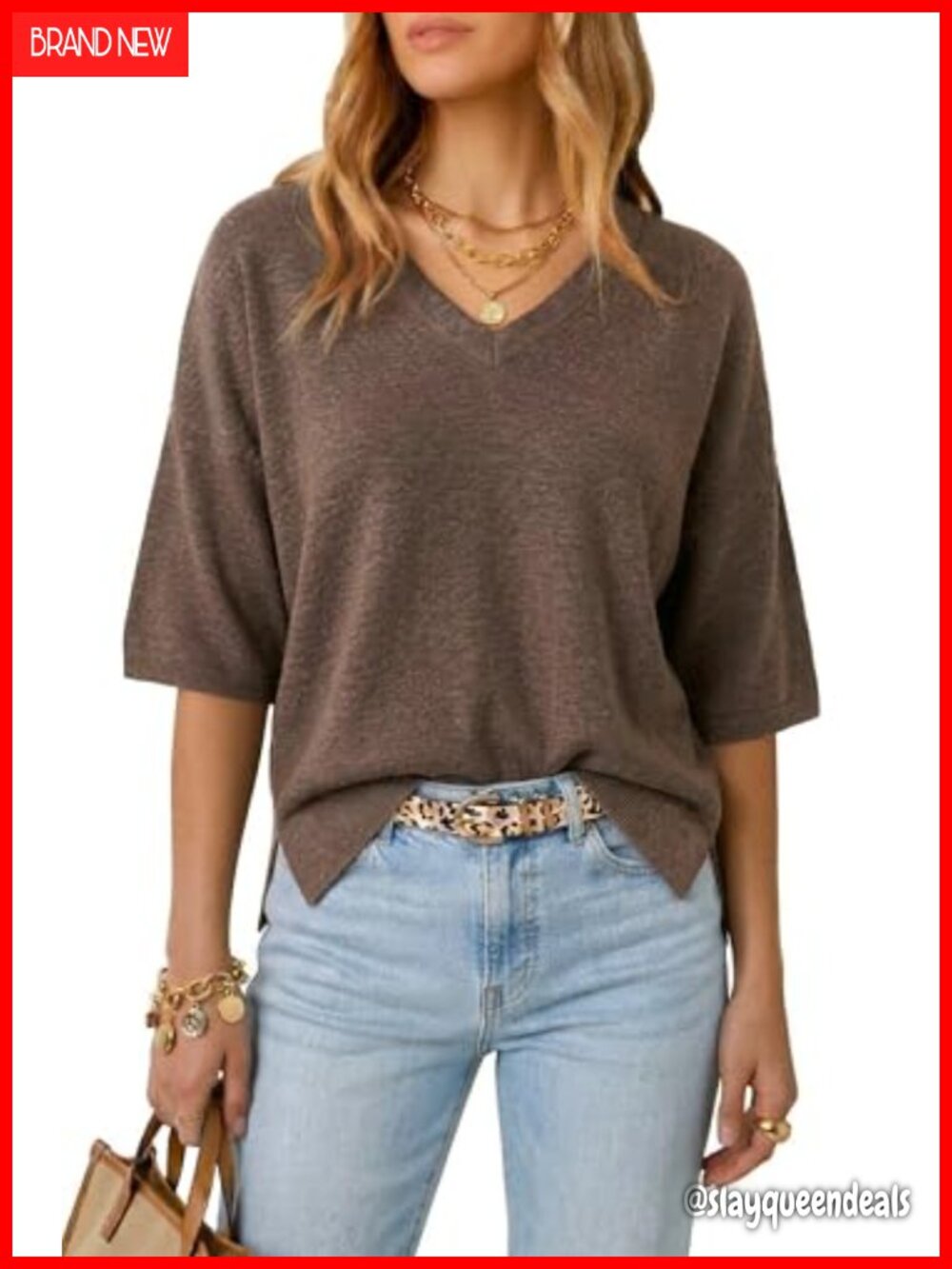 Wool Blend Elbow Sleeve Oversized V-Neck Pullover Sweater